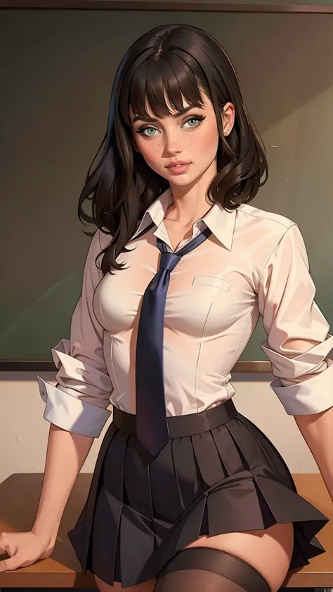 alluring girl, black hair, blunt bangs, hime cut, (small chest), white collared shirt, sleeves rolled up, blue pleated skirt, ne...