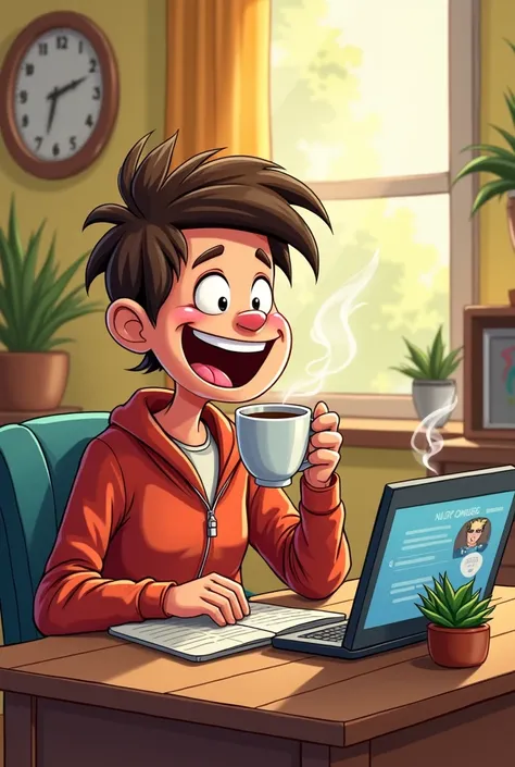 a person in cartoon form is drinking coffee while watching a video while laughingi