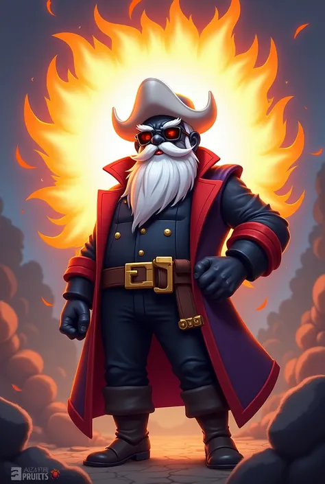 Can you make me a character game called Blox Fruits black glasses white hat behind his back White beard logo and black skin color pirate and really big aura 