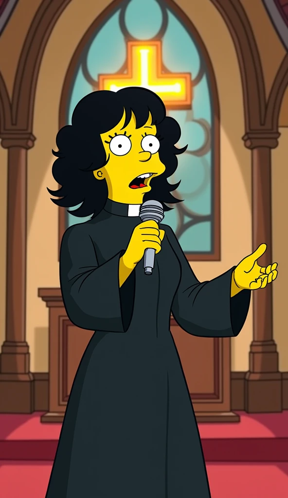 Dayane The rock designed in animation style for adults , with cartoonish features ,  yellow skin typical of the Simpsons universe ,  stylized black hair , vestindo roupas de padre segurando um microfone 🎤 cantando na igreja.