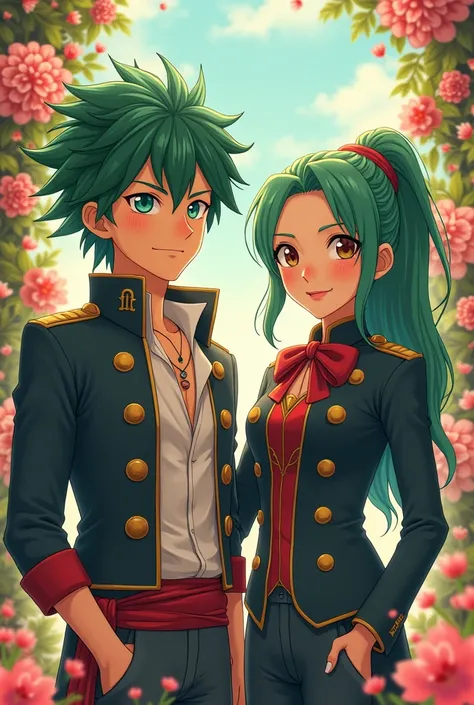 an illustration of anime style,
inspired by Hayao Miyazaki,
two characters posing together,
one with green hair and pirate-style clothing,
charming and confident expression,
the other with long black hair,
wearing a formal military-style uniform with a red...