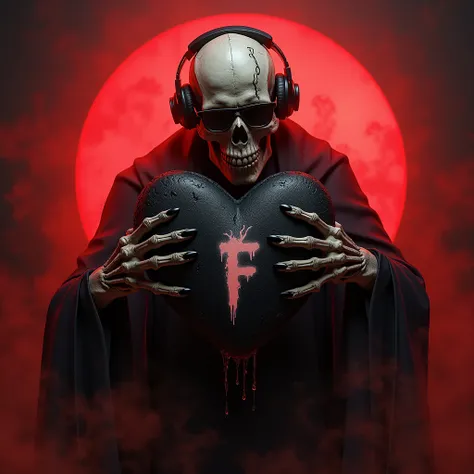 THE SKULL HEAD, WEARING HEADPHONES, WEARING GLASSES, STRETCHED OUT HIS HANDS, SQUEEZED A BLACK HEART WITH A LARGE PIMME LETTER, WRITING THAT GHOST TIME WAS PROMINENT IN THE CENTER OF THE HEART, THE CIRCLE WAS FILLED WITH RED SMOKE.