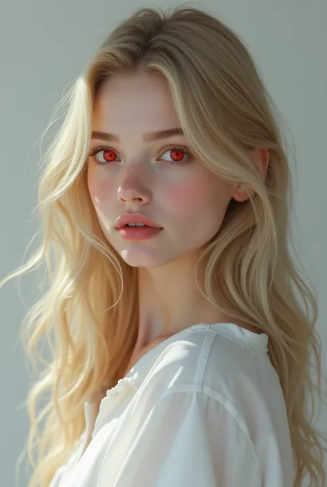 A girl with blond hair, red eyes I white skin in a white shirt.