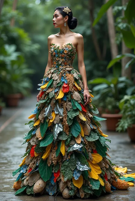 create a gown that is made of trash representing the natures of the Philippines 