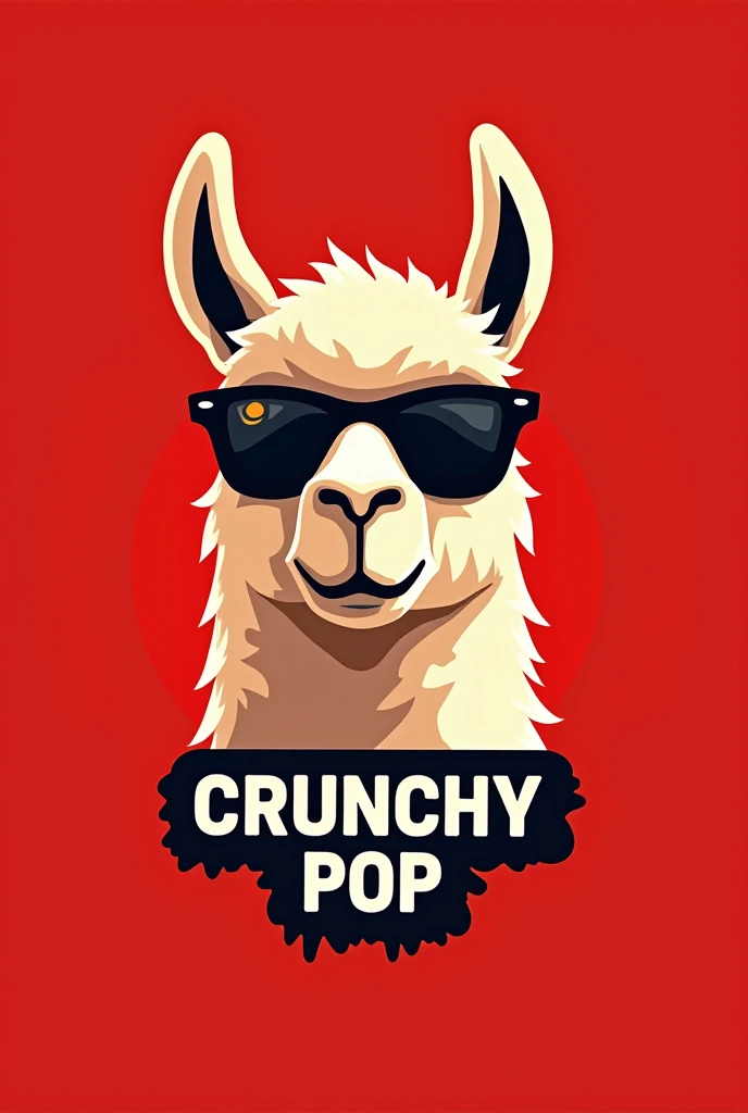  Create a logo for salty snacks with the name Crunchy Pop, based on fried, salty snacks and that is eye-catching and easy to draw, Let the drawing be dark red, Let it be an animal llama,  with dark glasses