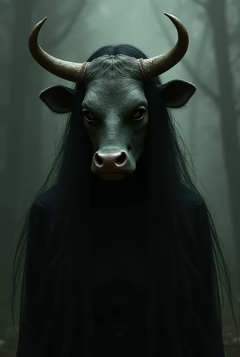 Woman with long hair wearing a diabolical cow mask