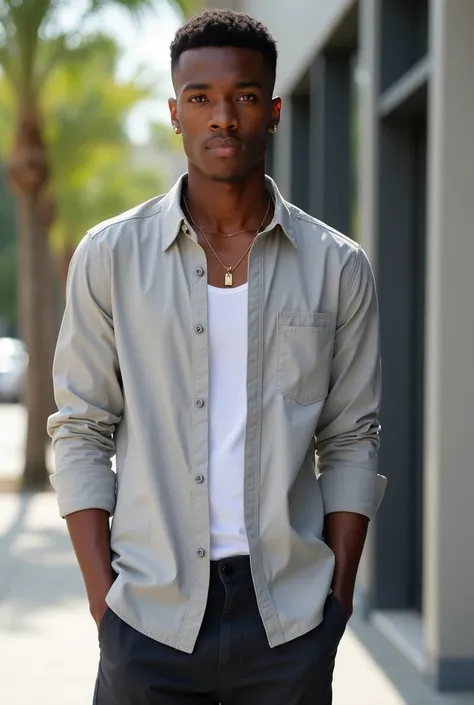 A handsome young man with mixed black skin, short hair in a low fade style, symmetrical facial features, wearing a modern casual outfit (like a slim-fit shirt and chinos), standing confidently in a natural light setting, photorealistic style.