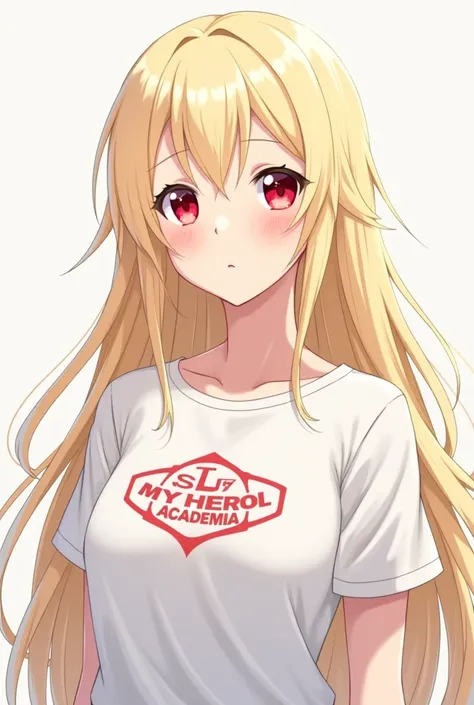 A girl with long blond hair, red eyes I white skin wearing a white anime my hero academy shirt