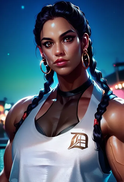 score_9,score_8_up,
carlaxl,black hair,brown eyes,twin braids,looking at viewer,white tank top,choker,hoop earrings, toned,
standing,  upper body, 
vibrant background,amusement park,solo, night, 
