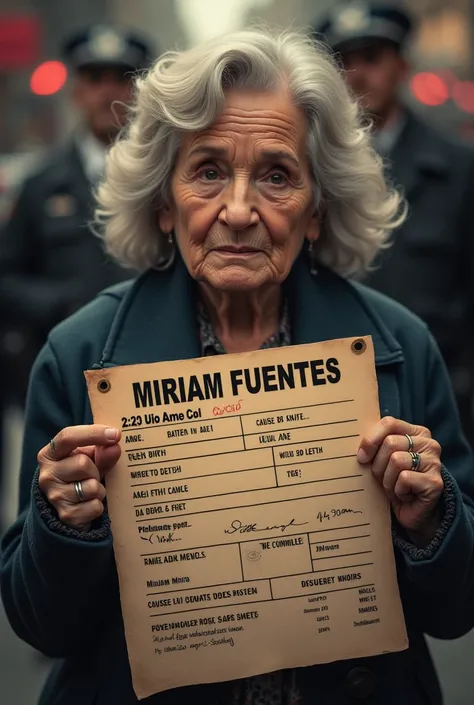  Create a police data sheet with these data .
name:  MIRIAM FUENTES
AGE :  80 YEARS 
DATE OF BIRTH : 23/03/ 1943
DATE OF DEATH : 24/05/2023
CAUSES :  MURDER WITH A KNIFE
ESTIMATED TIME OF DEATH: 04:40 AM 
In the background a police scene.