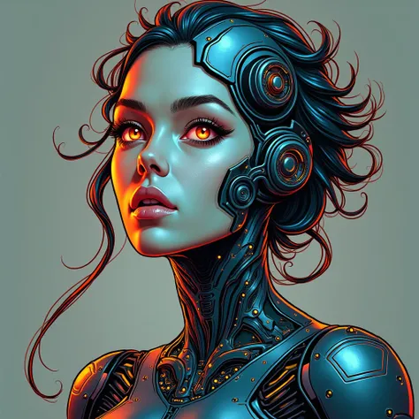 comic book art style of a full headshot of a half woman half robot with intricate circuitry, glowing metallic skin