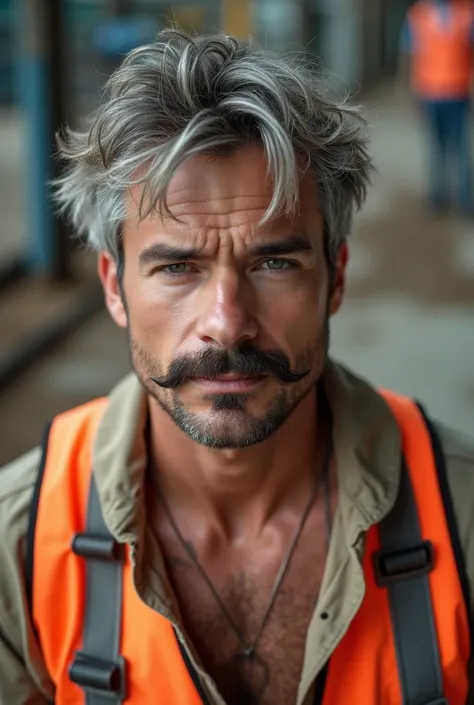 masterpiece, best quality, high resolution, closeup portrait, male focus, solo focus, A man, 25 years old, with construction worker uniform, unbuttoned work clothes,  full naked upper body, construction worker, silver grey hair, messy hairstyle, cute and s...