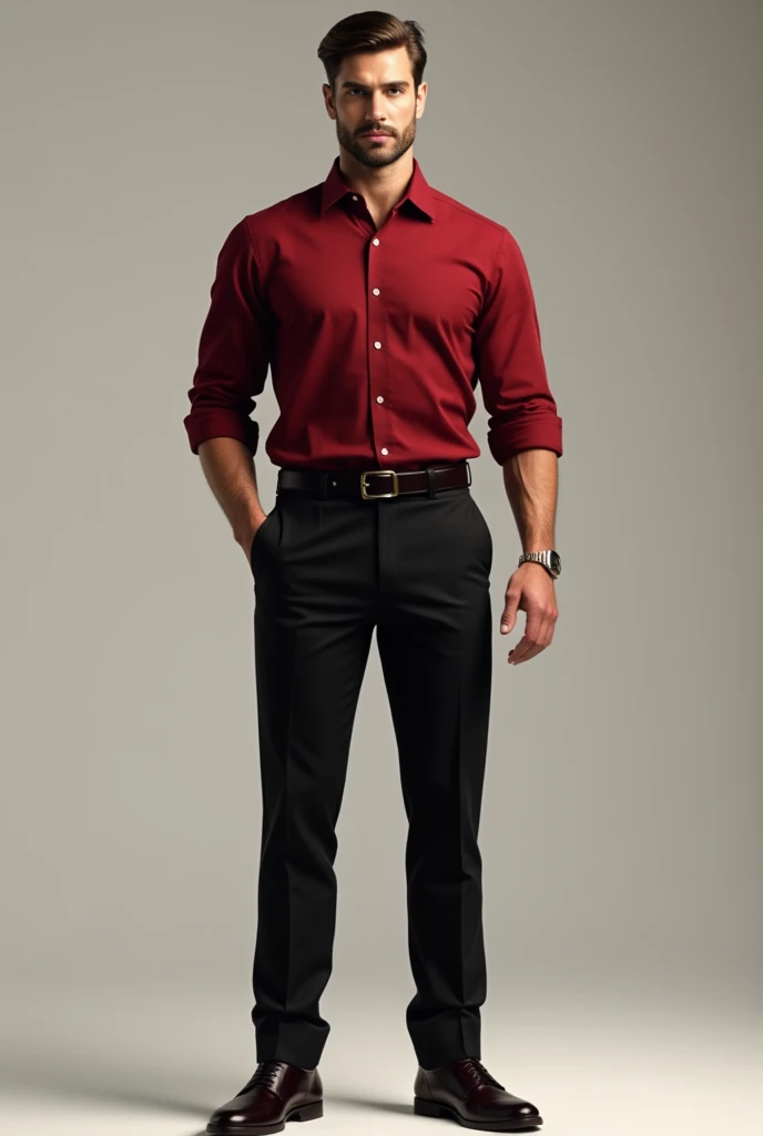 Generate a full body image of a man wearing a red long sleeve shirt, wine, black pants and black shoes.