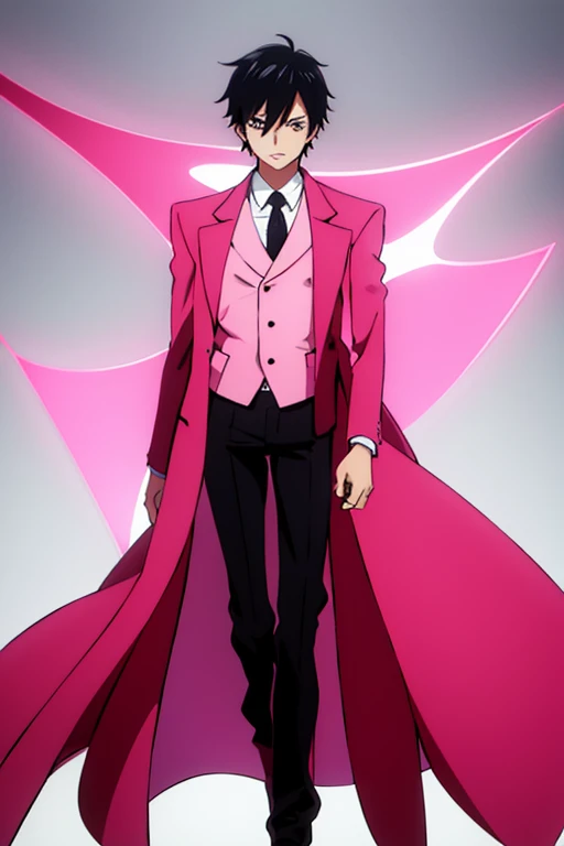 tall anime boy,black hair,  pink suit with a on the shoulder light pink coat