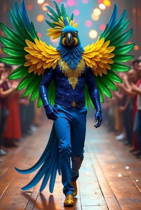 An ultra-realistic humanoid blue macaw with a human body and the head of a majestic arara azul, dressed in a dazzling samba outfit. The macaw wears a fitted costume made of deep blue sequins that mimic its feathers, interwoven with flashes of gold and gree...