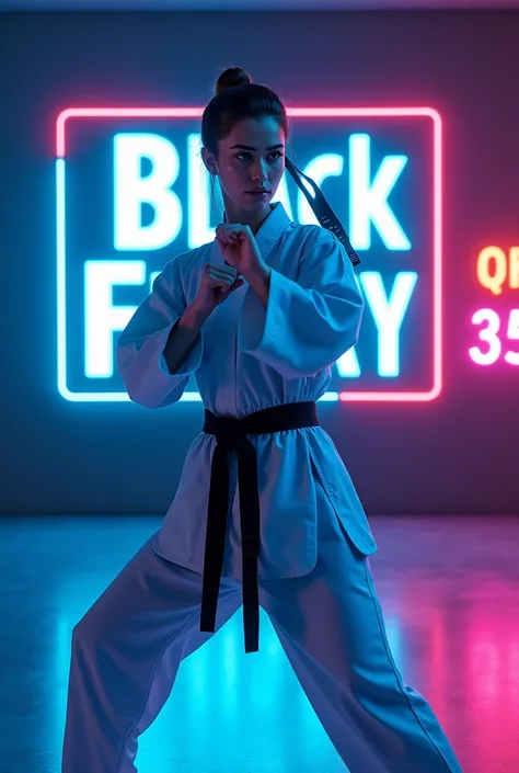 neon futurist,  an image of an attractive girl in a virtual space, She is a girl who practices Taekwondo ,  is in a fighting pose , There is a dark blue sign with Neon letters that says Black Friday,, discount 35 %,  Coaching services for sports .