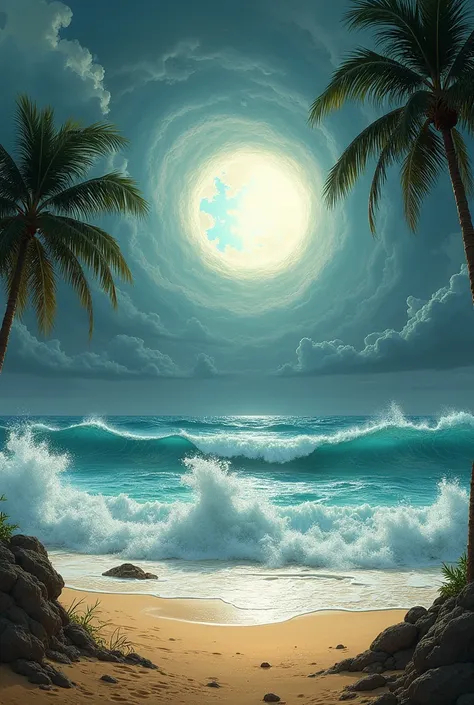 Create a beach sea , with an apparent hurricane .  Where the sea and the wind meet. Make it a sunny day 
