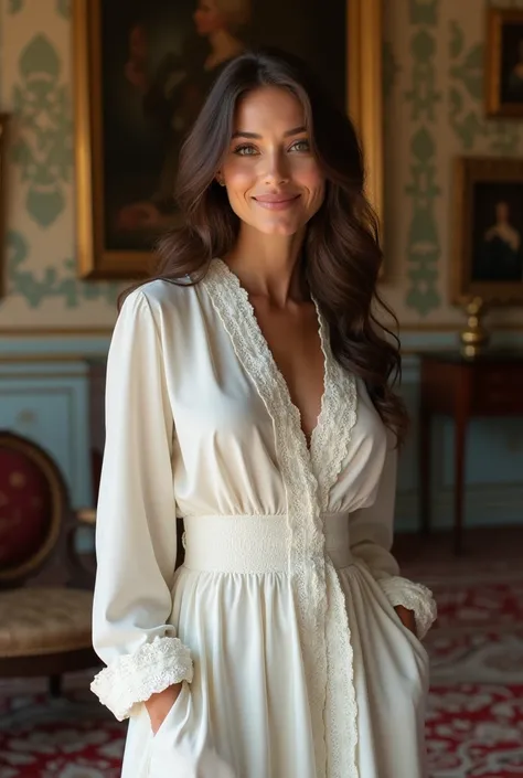 "Une femme élégante aux cheveux bruns légèrement ondulés, posant en corps complet dans divers lieux chics et magnifiques. Créez plusieurs versions d’elle avec différentes tenues adaptées à chaque lieu . En robe mi-longue en dentelle blanche et des talons n...