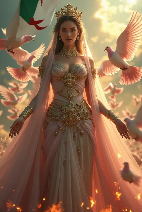 A very beautiful woman dressed in magnificent clothes surrounded by pink and white pigeon, the sky illuminated by light and flames everywhere. 
Algerian flag green white crescent moon red 5-pointed star