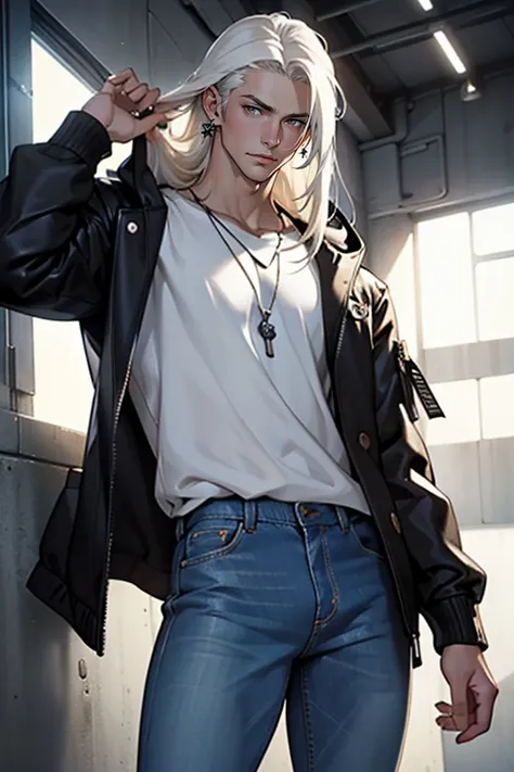 ((masterpiece)), (((best quality))), solo, 1 male, pale white skin, white hair, ((shoulder-length hair)), ((straight loose hair)), completely straight hair, side part, handsome young man, blue eyes, lean, tall, (thick thighs), (large pecs), tight jeans, ja...