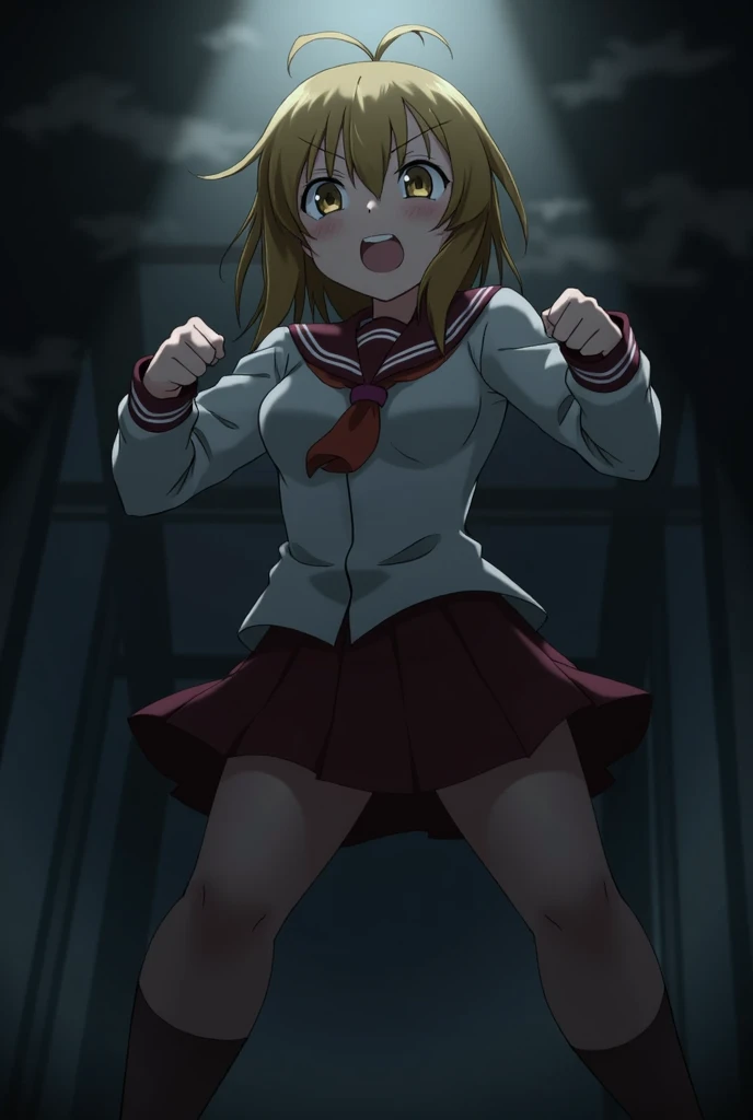 Kotori Minmai from the anime Love Live with a fixed and dark look looking up in a battle pose