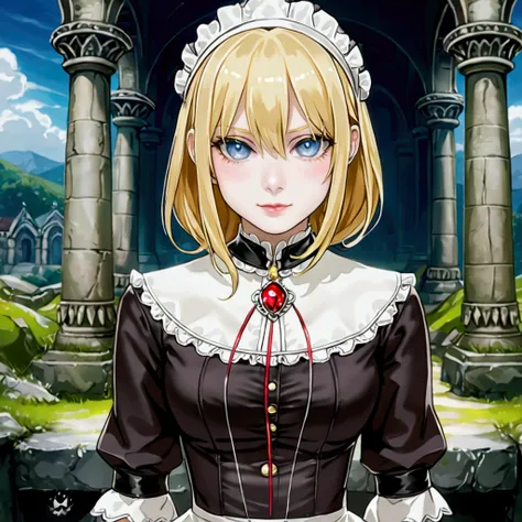 Help me with this cover  ,anime,   is a blond girl with a gold ring and a red gem ,  that is tied like a thread from the style ,  comes out of the ring the thread is red
It can be a full-body image, a landscape in the background, or a portal.
You could mak...