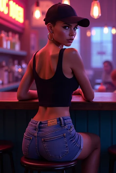 Slim thick instagram model with a big ass sitting at the bar, she is looking over her shoulder, she is sitting on a stool from behind, she is at a bar wearing jean shorts and a tank top, shaved head, she is wearing a baseball cap, short man hair, she is lo...