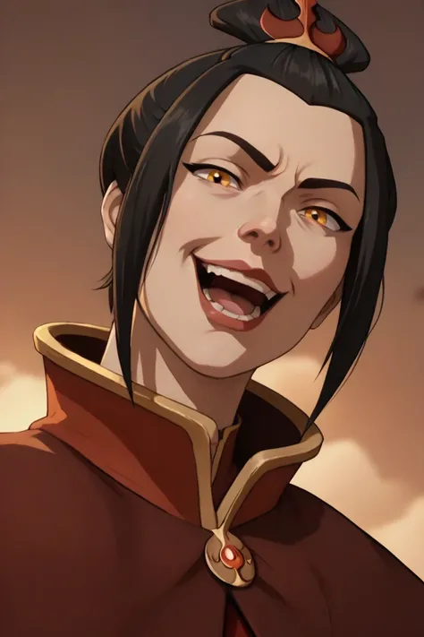   full coat  ,  High Definition  , 4k,   detailed face ,  detailed eyes , detailed expression , Azula,   golden eyes   ,   black hair ,  laughing in an evil way, arrogant pose , half of the body,  focus from below , 