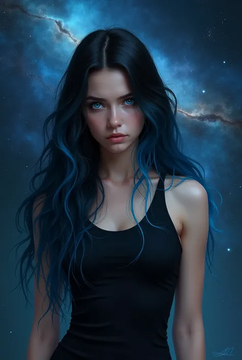 Girl with long black hair with tips painted in blue with strong blue eyes looking serious in black sleeveless t-shirt with neckline in the universe behind her 