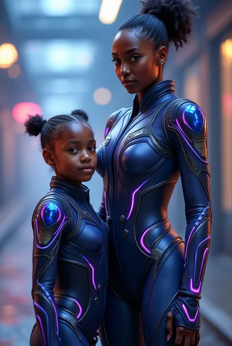 High quality 8K, beautiful, realistic, dramatic, cool, surrealism. Ultra-realistic close-up image of Shuri, wearing her futuristic Vibranium suit with blue and purple glowing accents. She stands in a powerful pose, with a confident expression. Next to her ...