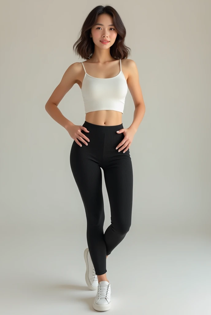 short realistic Asian woman with brown wavy hair, skinny waist, and thick hips and small ankles wearing Tight ribbed black leggings and a white tank top and white tennis shoes. hands on hips.
