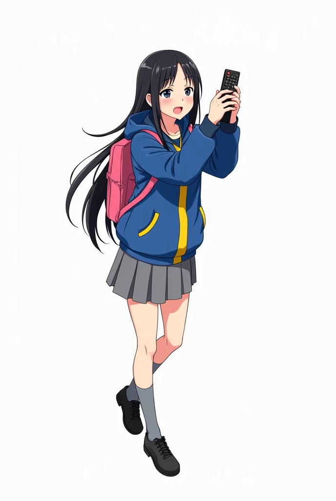 Teenage woman looking forward and black hair standing in front and her legs and wearing black shoes and gray socks and blue poleron with yellow details on the edge of the neck and pockets with and with the pink backpack and pink nails gray skirt anime imag...