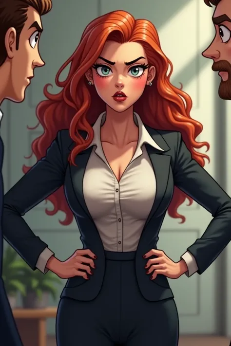 Tall skinny redhead fitt long curly hair firm breasts formal secretary costume proud stubborn angry and blushing in front of her tall skinny brown male doctor boyfriend