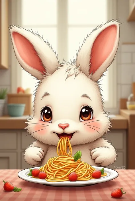 Cartoon hand drawn style，A cute rabbit is eating pasta