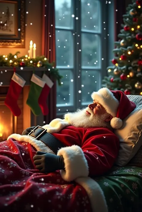 Santa Claus is lying in his bed, covered with red and green blankets, his suit slightly wrinkled. The room is cozy, lit by the fireplace, with Christmas stockings hanging and a decorated tree nearby. Snowflakes fall outside the window, creating a magical C...