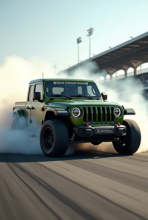 Create an ultra realistic image of a simple Jeep pickup cab in a lowered version with many Nascar racing fairings in the color military green on a track with smoke coming out of the tires