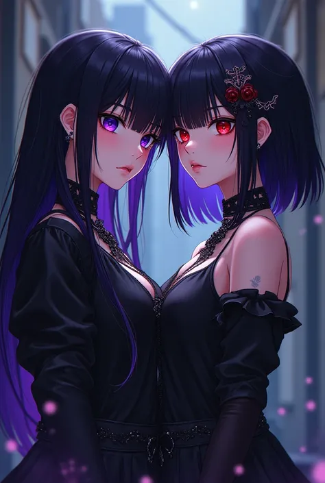 Two anime characters, one with black hair and purple highlights, and the other with black hair and bangs with red highlights, both gothic 