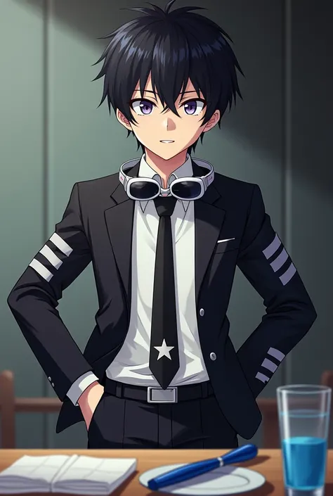 Shinichi Sakurai on the left with a defiant smile wearing a white shirt and black jacket with two white stripes on each sleeve of the hands and white swimming goggles with black visors hanging around the collar and a black tie with a white star in the midd...