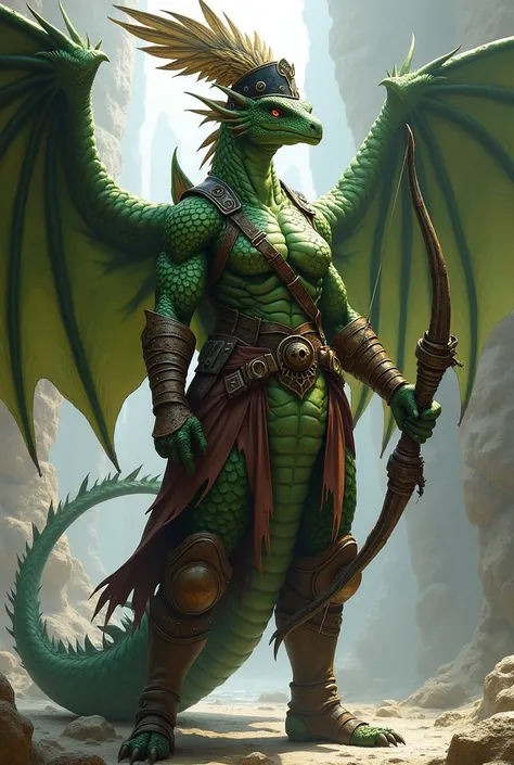 warrior ,Green Draconate  , big and muscular, leather armor ,  wears a hat with a giant falcon feather,She has a giant bow  ,dnd