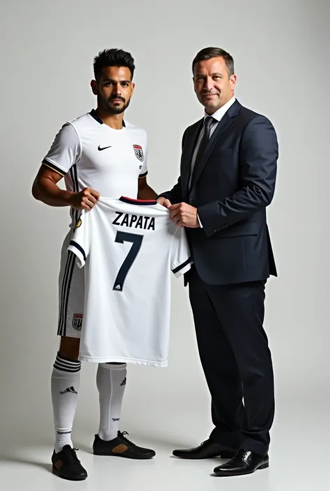  soccer player in white uniform holding the jersey with number 7 written Lucián Zapata. While the other hand holding the hand of a man in a suit . both looking at the camera