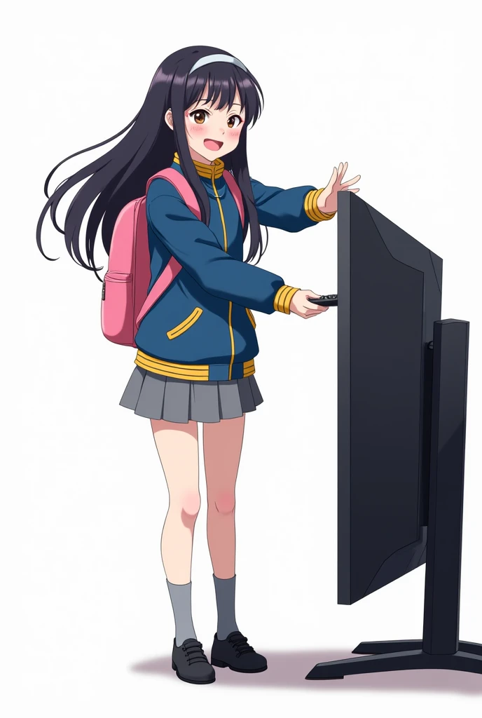 Teenage woman looking forward and black hair standing in front and her legs and wearing black shoes and gray socks and blue poleron with yellow details on the edge of the neck and pockets with and with the pink backpack and pink nails gray skirt anime imag...