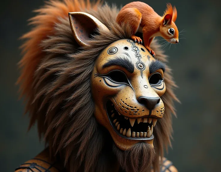 A Steam Punk-style African Mask,  Hairy Mask Covered by, Hairy , Made with wood texture ,  Lion hair and metal parts ,  Lots of gears and Afro patterns , red squirrel.  Mascara with Smile and Teeth .