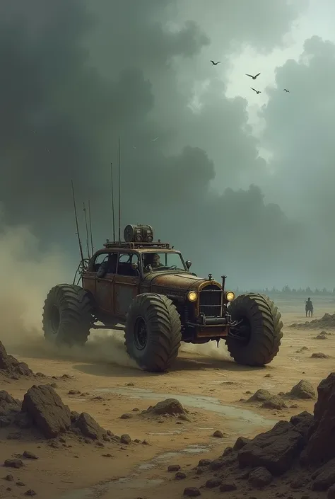 dungeons and dragons, steampunk dune buggy, The sky is overcast with gray, ash-filled clouds, and the ground is a mix of cracked earth and barren, ashen plains, In the distance, there are dark, burnt forests, distant figures of creatures adapted to the har...