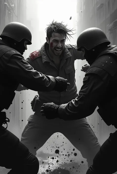 Create a picture in black and white of a person who is fighting off soldiers even while being injured by shrapnel. This person is fighting off the soldiers using hand-to-hand combat