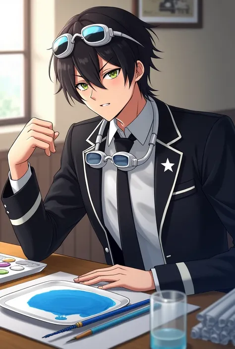 Shinichi Sakurai with a defiant smile wearing a white shirt and black jacket with two white stripes on each sleeve of his hands and white swimming goggles with black visors hanging around his neck and a black tie with a white star in the middle sitting on ...