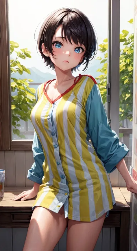 ((masterpiece)),(best quality,top quality,8k),waterpaint,illustration,paint,majestic,1girl,cute japanese girl wearing striped shirt white and yellow,tomboy hair,short hair,sexy face,blue eyes,medium boobs,high sharpness,high res,room