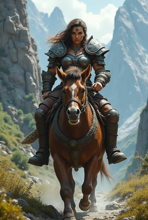 a woman, Dwarf, warrior, with bulky breasts riding a pony 