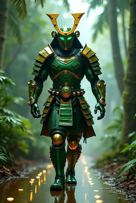  Futuristic Samurai of the Amazon – Guardian of the Cybernetic Jungle
"A colossal samurai, with muscles sculpted under green and gold titanium armor, inspired by the forests of the Amazon. The armor has details that simulate leaf patterns illuminated by op...