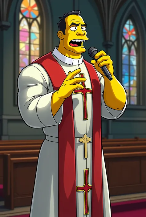  Dwayne The Rocky designed in adult animation style, with cartoonish features ,  yellow skin typical of the Simpsons universe ,  stylized black hair , vestindo roupas de padre segurando um microfone 🎤 cantando na igreja.