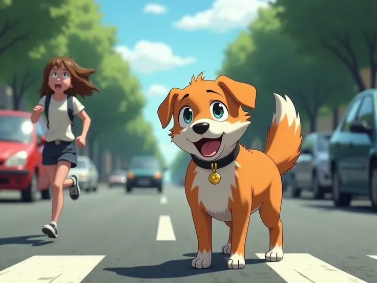 On a busy street with rapidly passing cars , Haru,  the orange and white dog with a black collar and a gold pendant ,  stops on the asphalt with big, scared eyes and sad .  A car brakes sharply in front of him while Emily runs from the sidewalk with a pani...